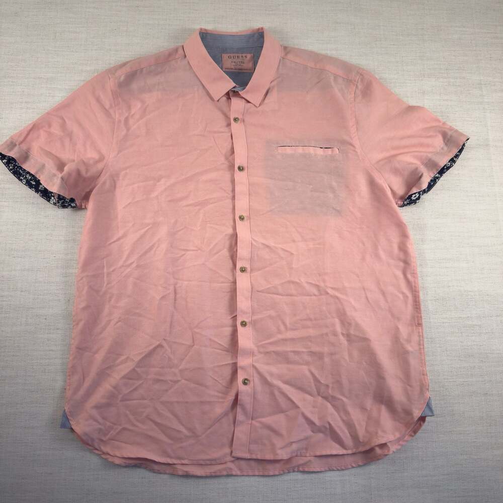 NWT GUESS Ashwin Dobby Slim Fit Short Sleeve Button Down Shirt in Pink